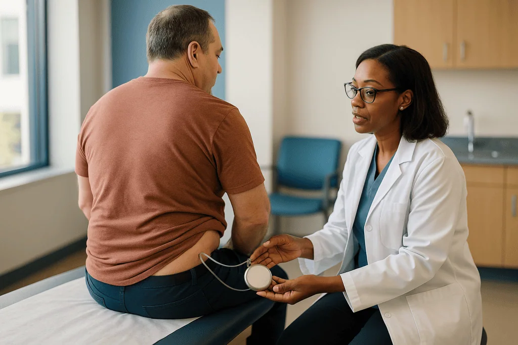 Doctor taking blood pressure from male patient: How a baclofen pump actually works, and why it goes into the spine