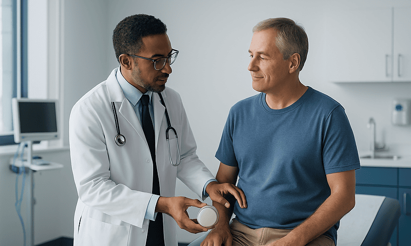 Doctor explaining Baclofen pump details to patient in clinic.