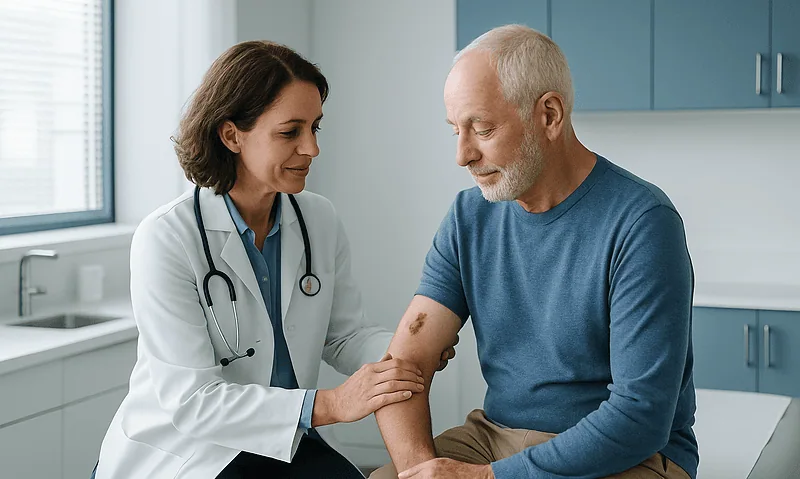 Doctor examining a patient's arm with a healing surgical scar.