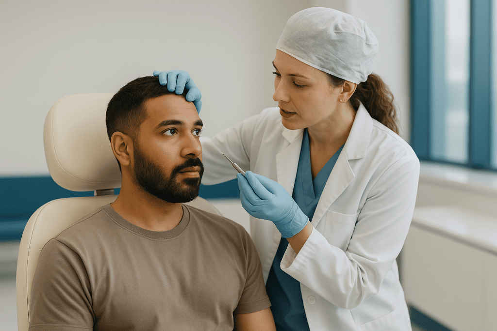 Doctor examining patient's forehead with medical tools: How a beard transplant actually works, step by step