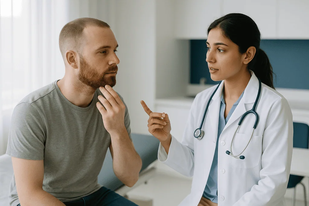 Doctor consulting with male patient in clinic: How a beard transplant works and why the grafts are fragile at first