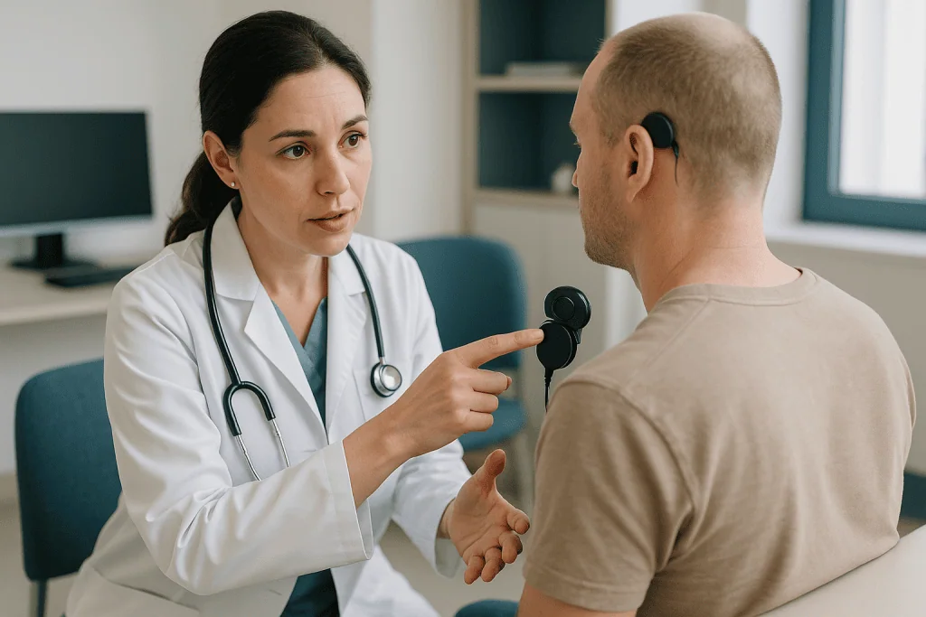 Doctor conducting hearing assessment with patient using otoscope: How a bone conduction implant actually works