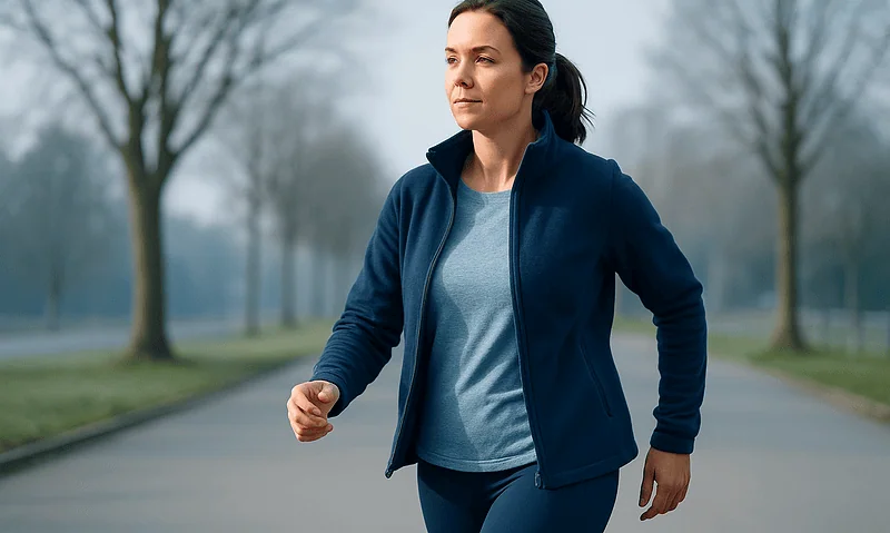 Woman jogging outdoors in a park with trees in the background.