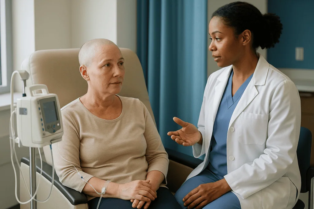 Doctor consulting with female cancer patient in medical setting: How a bone marrow transplant for marrow failure actually wo