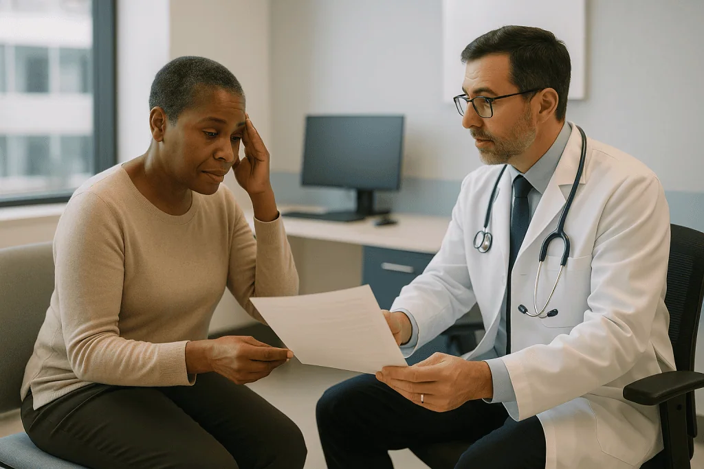 Doctor and patient discussing medical document in office: How a brain tumor second opinion actually works