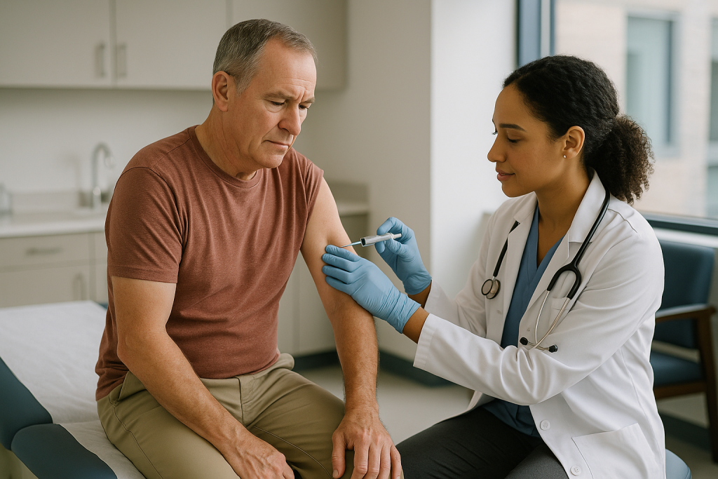 Healthcare provider administering injection to patient's arm: How a bursitis steroid injection actually works