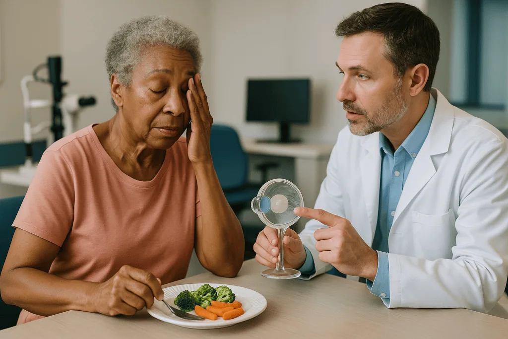 Doctor consulting patient about plate of vegetables — How a cataract actually forms inside the lens