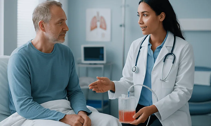 Doctor explaining treatment options to a patient in hospital room.