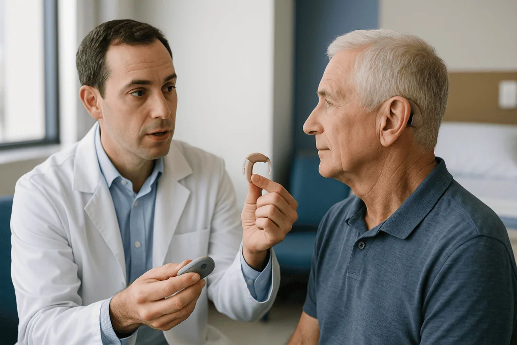 Doctor demonstrating hearing aid device to elderly patient — How a cochlear implant actually works, in plain language
