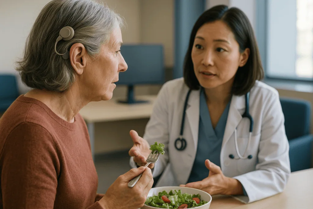 Doctor consulting patient about diet and nutrition: How a cochlear implant works, in plain language