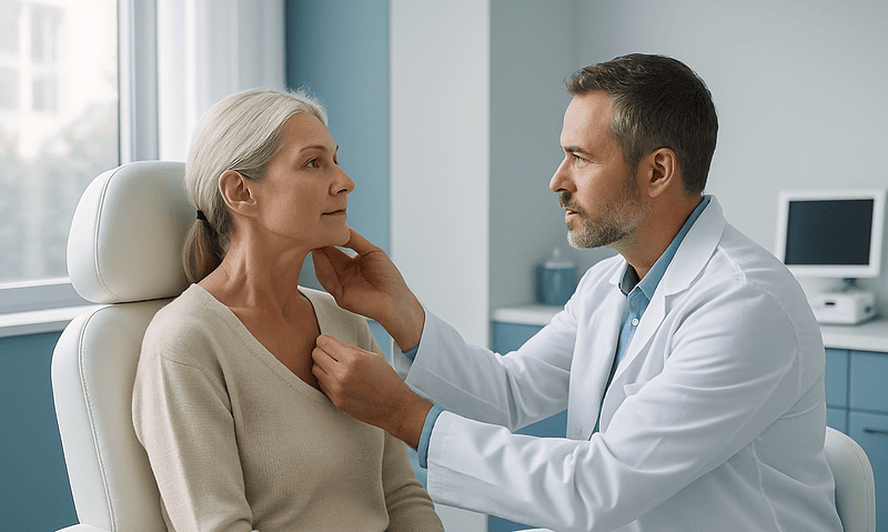Doctor examining an elderly woman's neck and face in a consultation room.