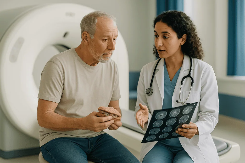 Doctor consulting patient with brain scan images — How a CT scan works: X-rays taken in slices