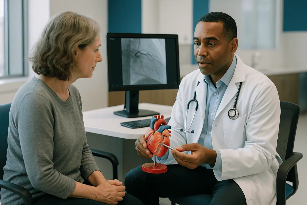 Cardiologist consulting patient with anatomical heart model: How a CTO PCI procedure actually works