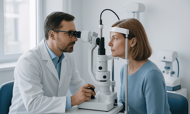 Ophthalmologist examining a patient's eye with a slit lamp in a clinic.