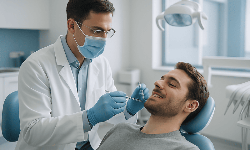Dentist performing a dental procedure on a patient in a clinic setting.