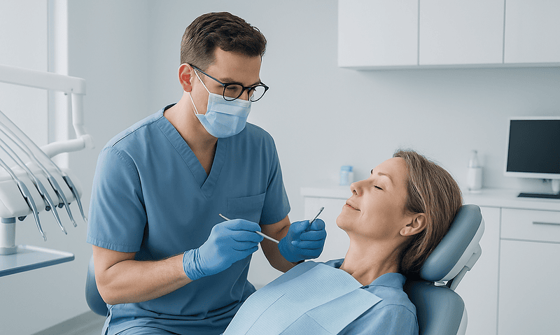 Dentist examining patient in dental clinic with modern equipment.