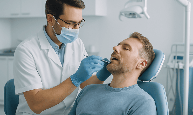 Dentist performing dental check-up on patient in clinic.