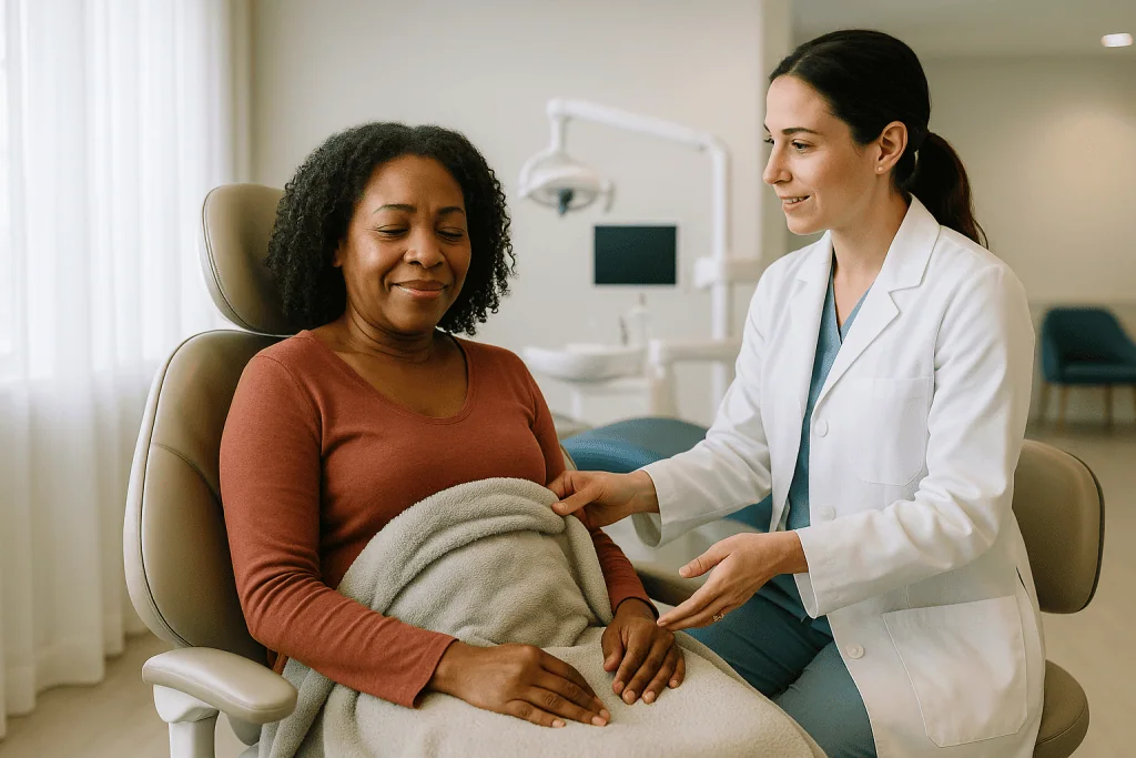 Pregnant woman with doctor in general medical consultation: How a dental spa for anxious patients actually works, step by st