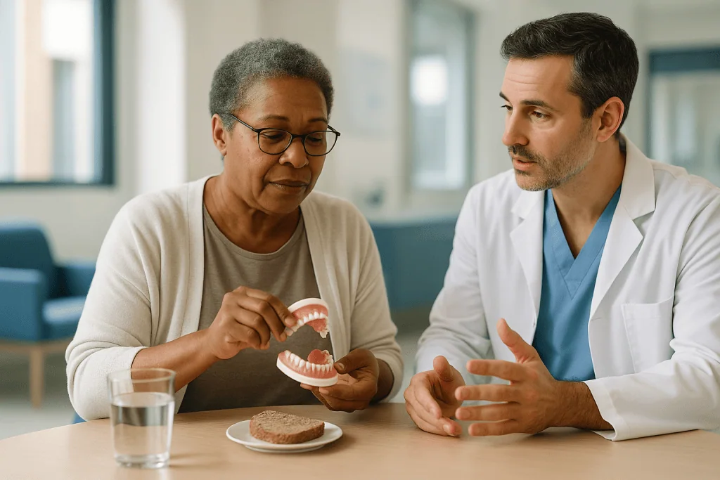 Dentist consulting patient about denture care model: How a denture and the gum beneath it actually work together