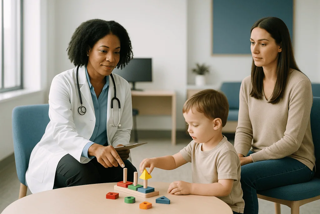 Pediatrician evaluating toddler's development with parent present: How a developmental delay evaluation actually works, step