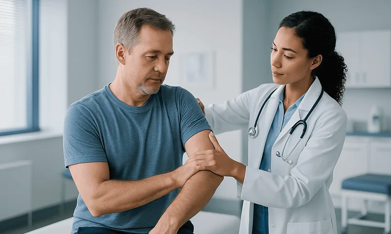 Doctor examining patient's arm in a medical consultation at Acibadem Hospital.