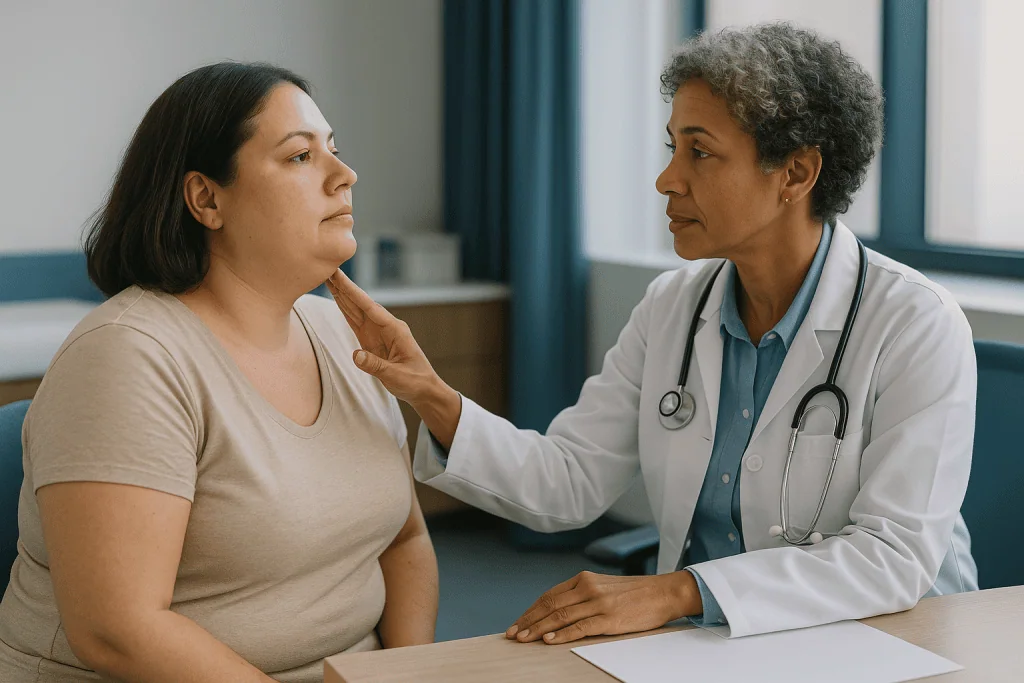 Doctor examining patient's neck and throat area: How a double chin surgery candidate is assessed in the consulting room