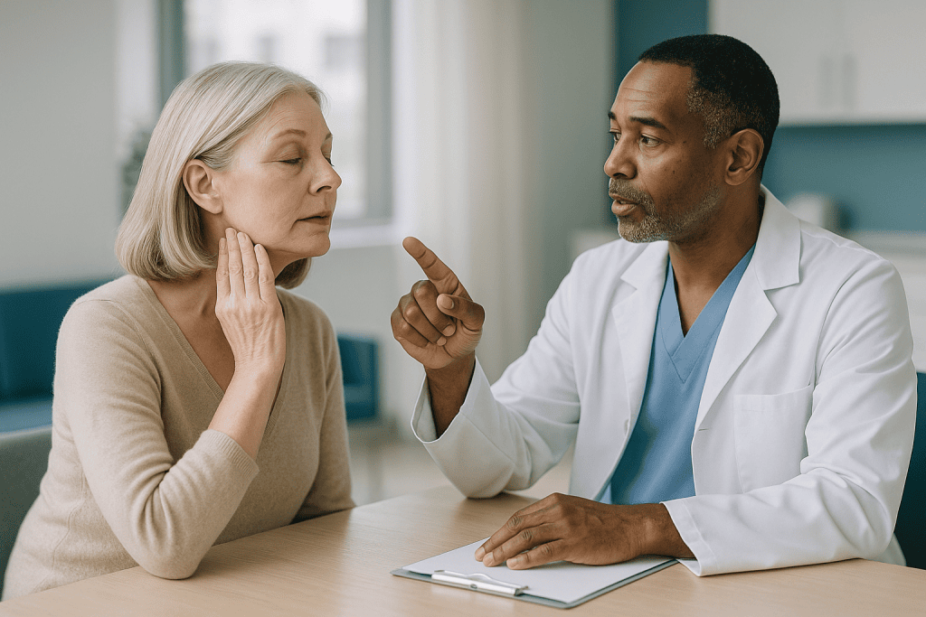 Doctor consulting with older female patient about facial concern: How a facelift actually works underneath the skin