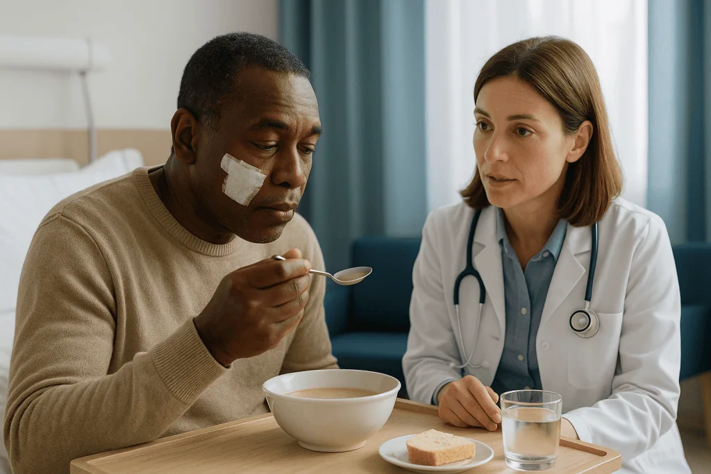 Patient eating soup while doctor observes in hospital room: How a facial implant heals: what actually happens in the first w