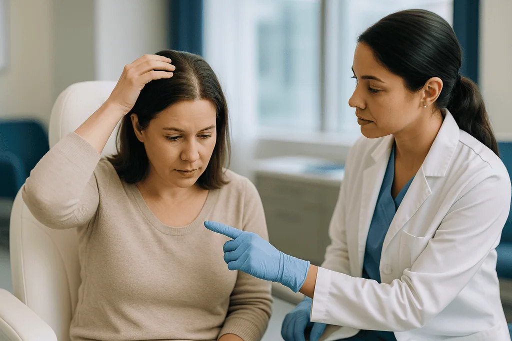 Female patient consulting dermatologist about hair loss: How a female pattern hair loss transplant actually works, step by s