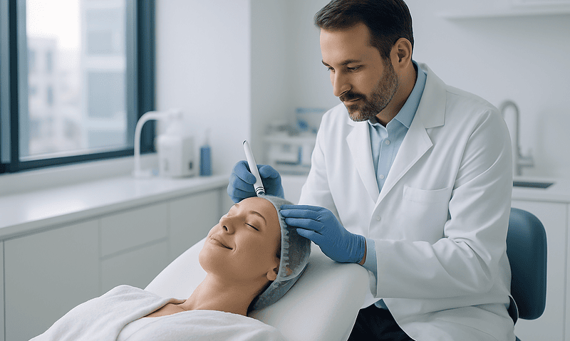 Doctor performing a fibroblast plasma treatment on a patient in a clinical setting.