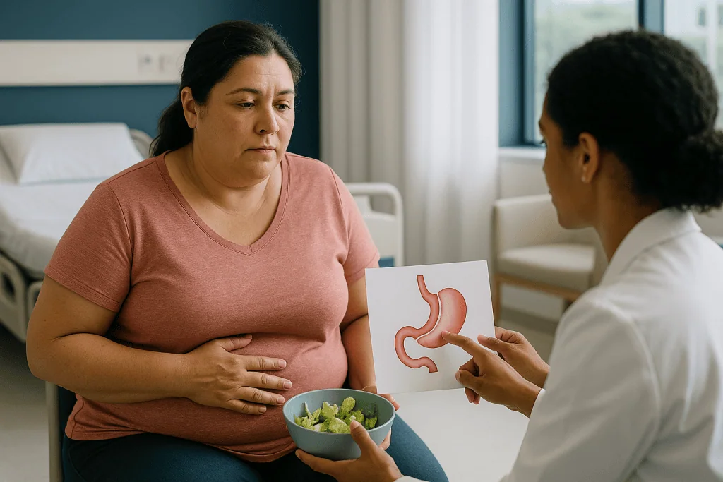 Doctor consulting patient about digestive health with diagram: How a gastric sleeve works, in plain language