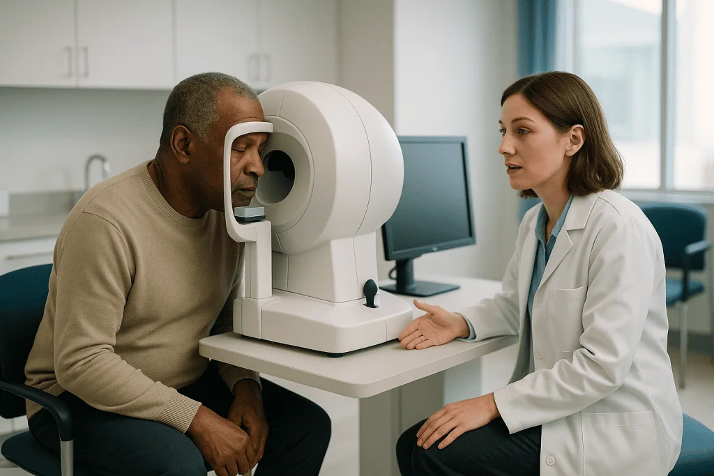 Ophthalmologist conducting visual field or eye scan test — How a glaucoma visual field test actually works