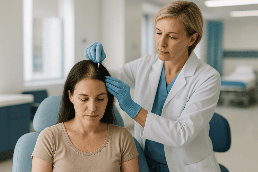Doctor examining patient's scalp with neurological assessment tool: How a hair transplant for women with diffuse thinning ac