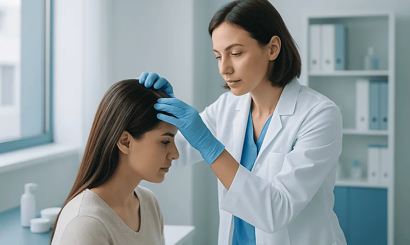 Medical professional examines patient's scalp for hair transplant procedure.