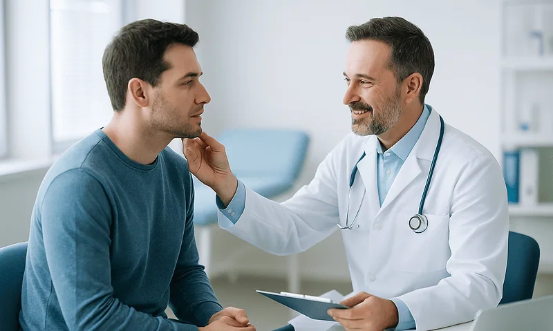 Doctor consulting with a young male patient in a medical office.