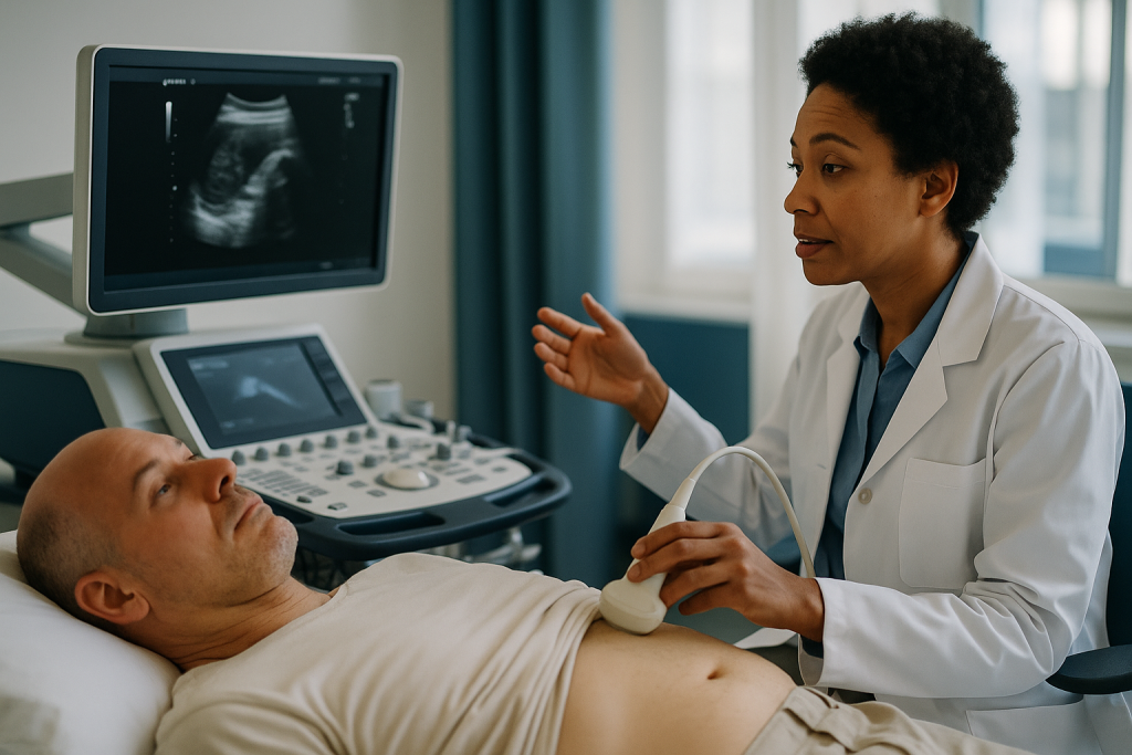 Female sonographer performing abdominal ultrasound on male patient: How a kidney and ureter ultrasound works, step by step