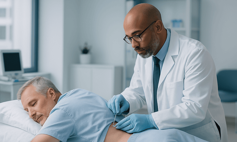 Doctor performing a kidney biopsy on a patient in a hospital room.