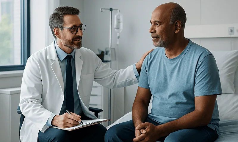 Doctor consulting with a patient in a hospital room.