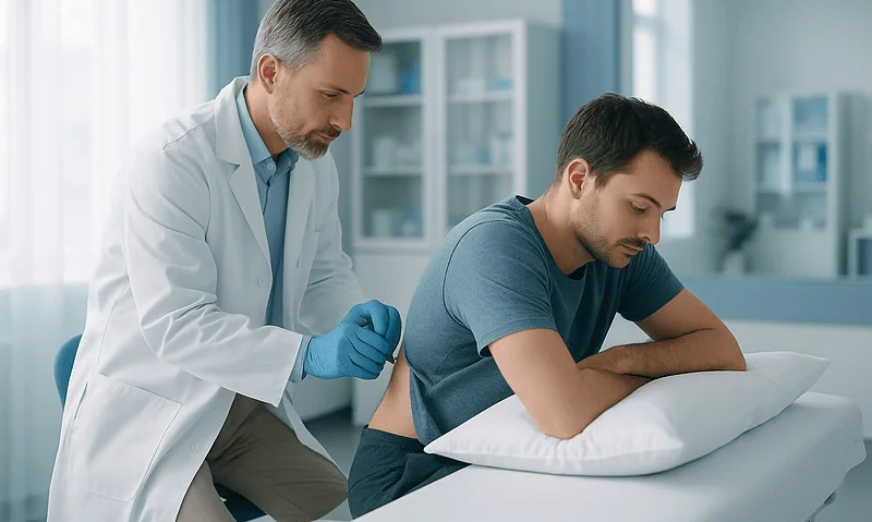 Doctor performing lumbar puncture on patient in hospital setting.