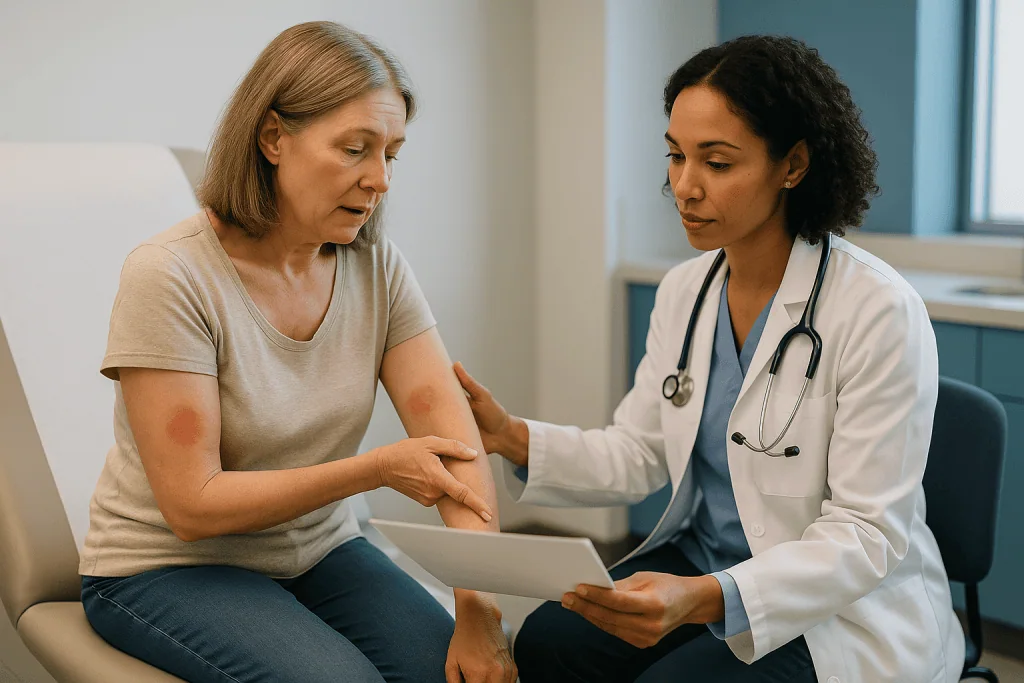 Doctor examining patient's arm rash during consultation: How a Lyme disease consultation actually works