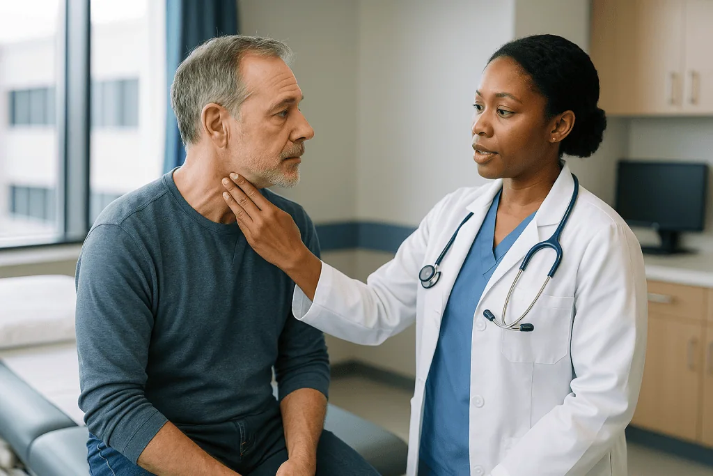Doctor examining patient's neck in clinical setting: How a modified radical neck dissection is performed