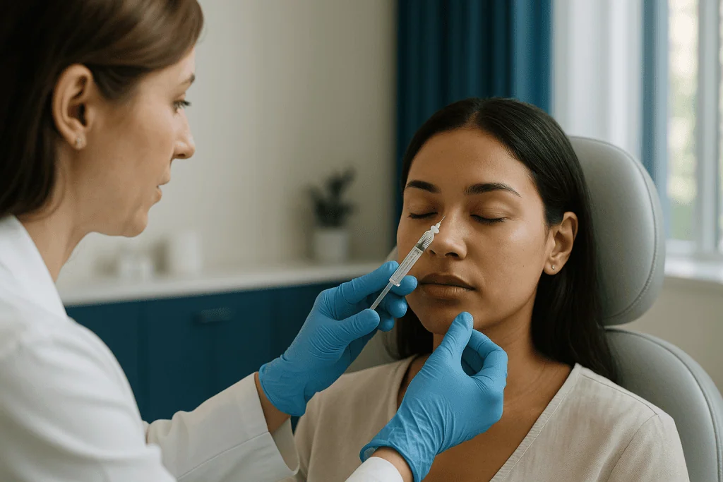 Healthcare professional administering nasal filler injection to patient: How a non surgical nose job is done, step by step