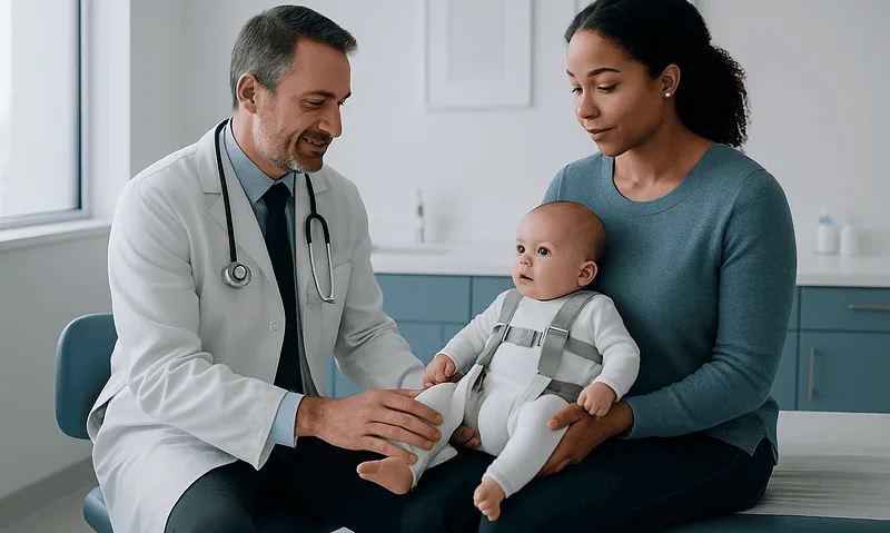 Pediatric doctor examining baby's hips in a clinic setting.