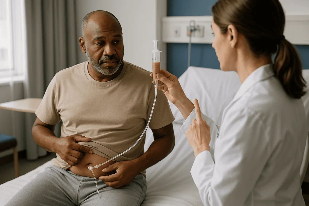 Healthcare provider consulting patient with medical device: How a PEG tube replacement is actually done