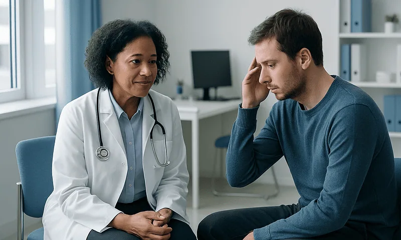 Doctor talking to a patient about mental health in a clinical setting.