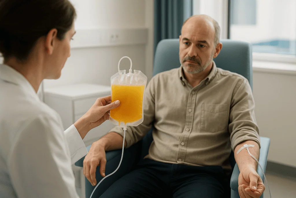 Healthcare professional administering blood product transfusion to patient: How a platelet transfusion works, step by step