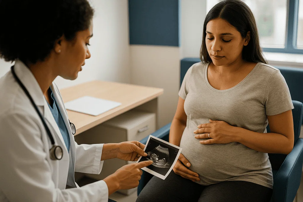 Pregnant woman with doctor reviewing ultrasound scan image: How a prenatal care schedule is built: what actually happens at 