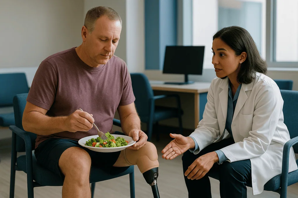 Doctor consulting patient about healthy diet nutrition: How a prosthesis actually works