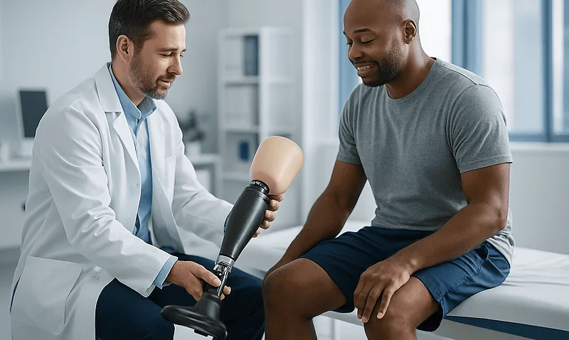 Medical professional demonstrates prosthetic limb fitting to patient in clinic.