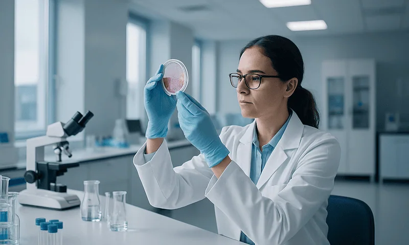 Female scientist examining a petri dish in a modern laboratory.